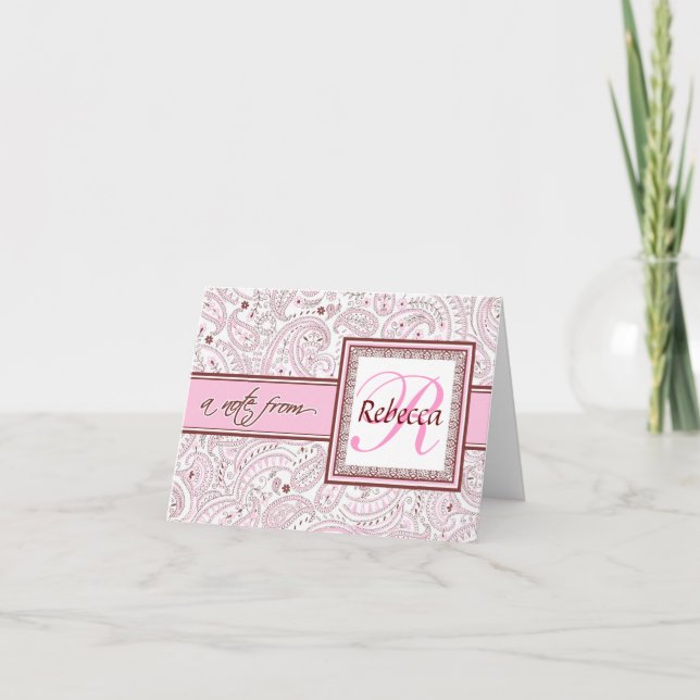 Pink Paisley Monogrammed Name Note Card (Front)