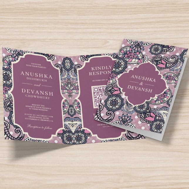 Pink Paisley Pattern QR Code Indian Wedding Invitation (Creator Uploaded)