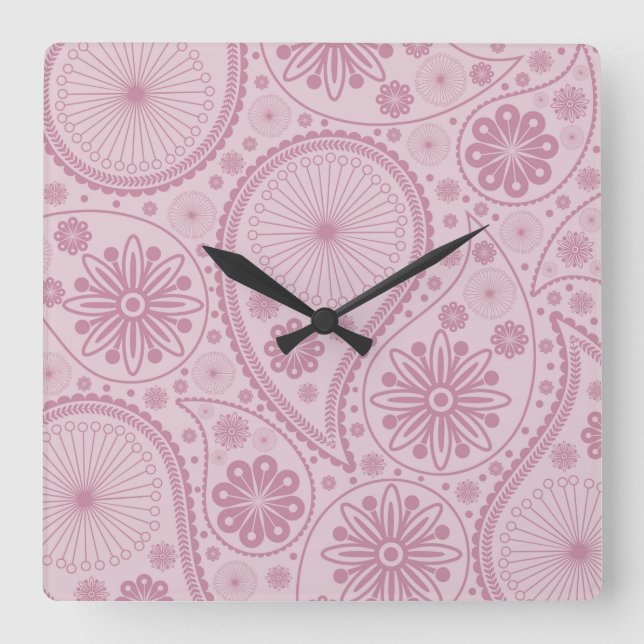 Pink paisley pattern square wall clock (Front)
