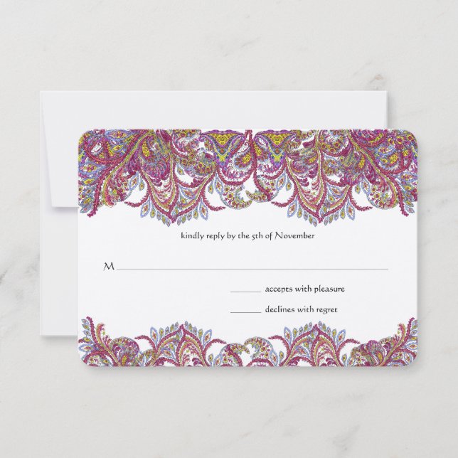 Pink Paisley Peacock Wedding RSVP Card (Front)