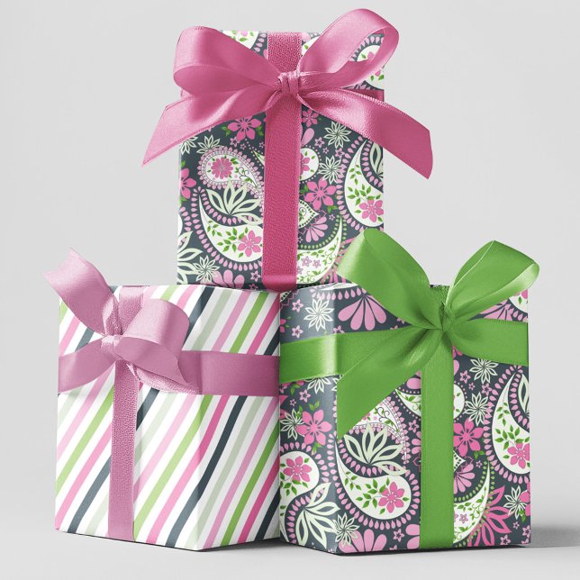 Pink Paisley Print Pattern Bright Wrapping Paper Sheets (Pink and grey paisley print wrapping paper)