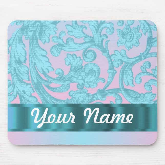 Pink & pale blue damask lace mouse pad (Front)
