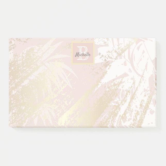Pink palm foliage gold monogram post-it notes (Front)