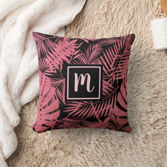 Pink palm leaf pattern monogram modern script  throw pillow (Blanket)