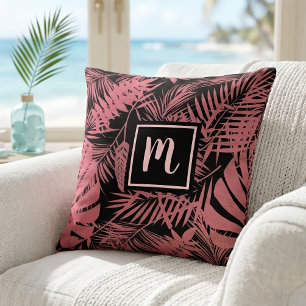Pink palm leaf pattern monogram modern script  throw pillow