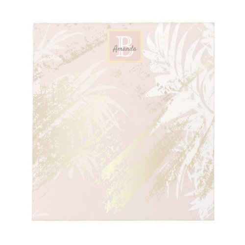 Pink palm leaves gold monogram notepad