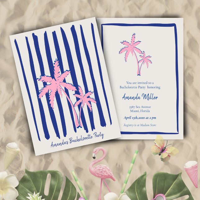 Pink Palm Pair on Blue Stripes Bachelorette Party Invitation (Creator Uploaded)