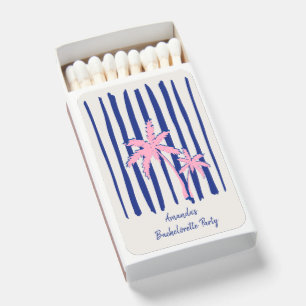 Pink Palm Pair on Blue Stripes Bachelorette Party Matchboxes
