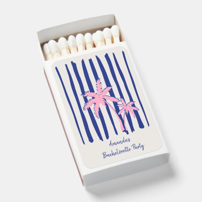 Pink Palm Pair on Blue Stripes Bachelorette Party Matchboxes (Front Open)