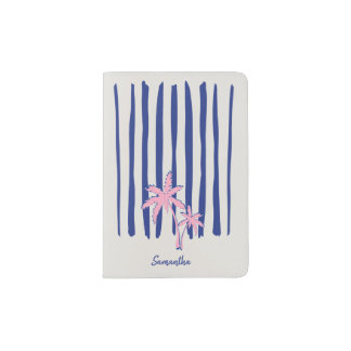 Pink Palm Pair on Blue Stripes Passport Holder