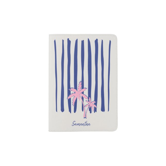 Pink Palm Pair on Blue Stripes Passport Holder (Front)
