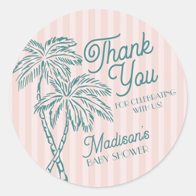 Pink Palm Spring Pastel Beach Baby Shower Favor Classic Round Sticker (Front)