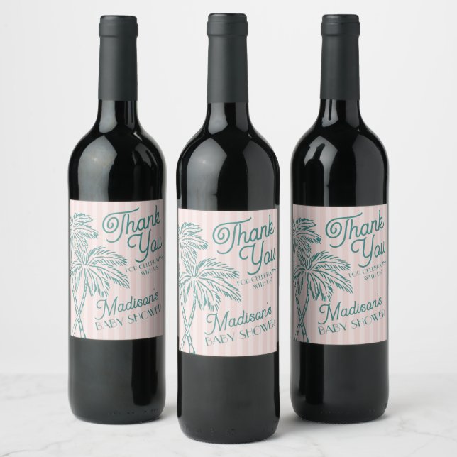 Pink Palm Spring Pastel Beach Baby Shower Favors Wine Label (Bottles)