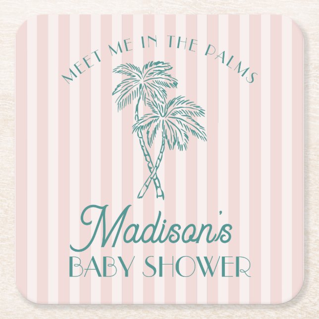 Pink Palm Spring Pastel Beach Baby Shower Square Paper Coaster (Front)
