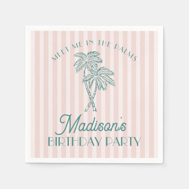 Pink Palm Spring Pastel Beach Birthday Party Napkins (Front)