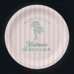 Pink Palm Spring Pastel Beach Birthday Party Paper Plates<br><div class="desc">Meet me in the palms! Our Palm Springs Party Collection is a dreamy blend of vintage beach cabana charm and pastel perfection. Featuring soft stripes, breezy palm trees, and a touch of retro glam, this collection brings the magic of a sun-soaked getaway to your celebration. Whether you're hosting a bachelorette...</div>