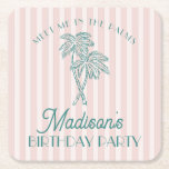 Pink Palm Spring Pastel Beach Birthday Party Square Paper Coaster<br><div class="desc">Meet me in the palms! Our Palm Springs Party Collection is a dreamy blend of vintage beach cabana charm and pastel perfection. Featuring soft stripes, breezy palm trees, and a touch of retro glam, this collection brings the magic of a sun-soaked getaway to your celebration. Whether you're hosting a bachelorette...</div>
