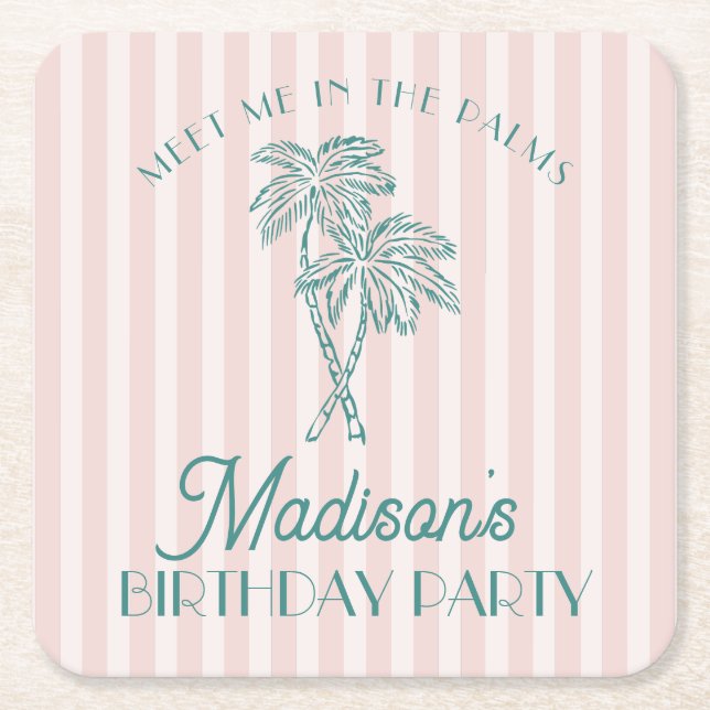 Pink Palm Spring Pastel Beach Birthday Party Square Paper Coaster (Front)