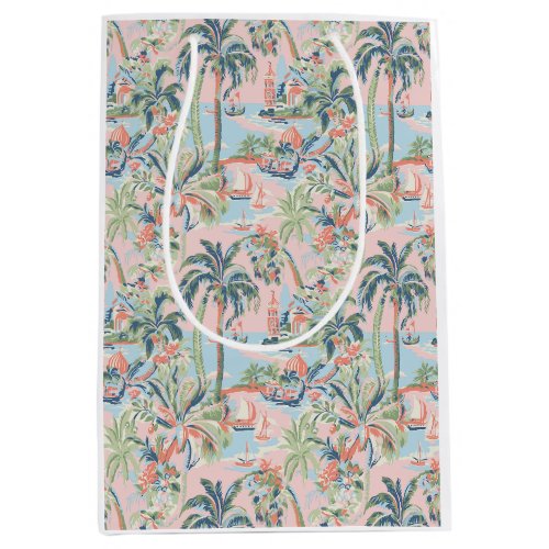 Pink Palm Toile Gift Bag, Tropical Scenic Print Medium Gift Bag