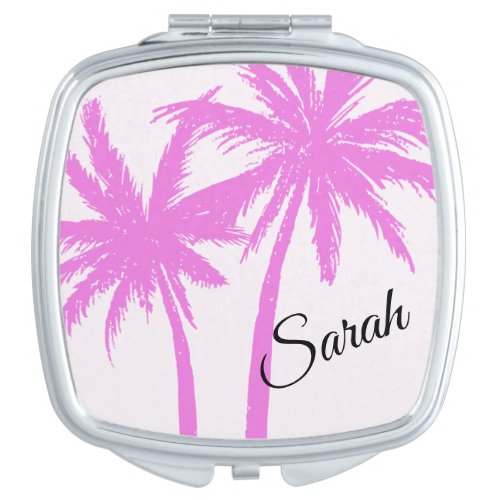 Pink Palm Tree and White Monogram Compact Mirror