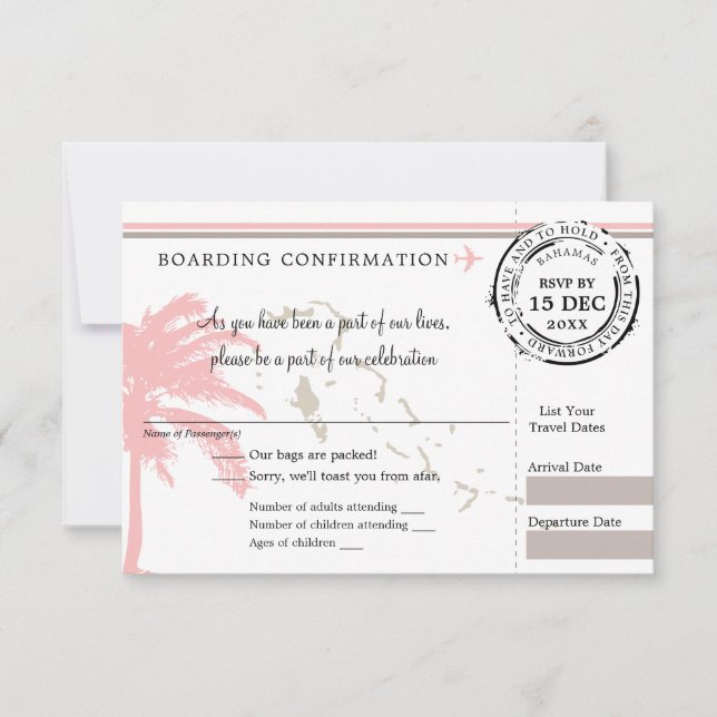 Pink Palm Tree Bahamas Boarding Pass Wedding RSVP (Front)