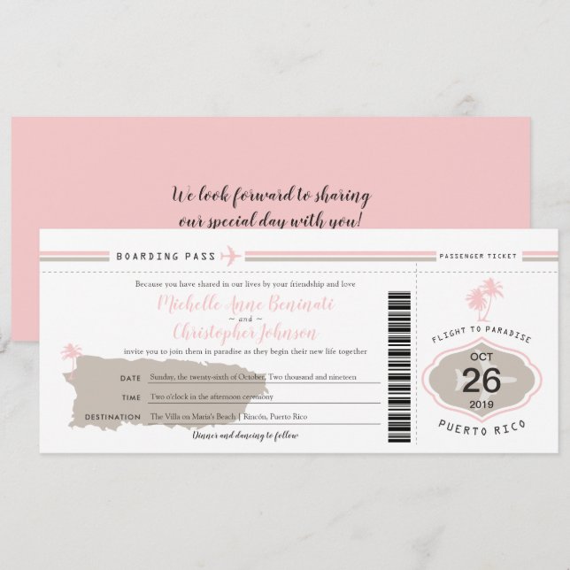 Pink Palm Tree Boarding Pass Puerto Rico Wedding Invitation (Front/Back)