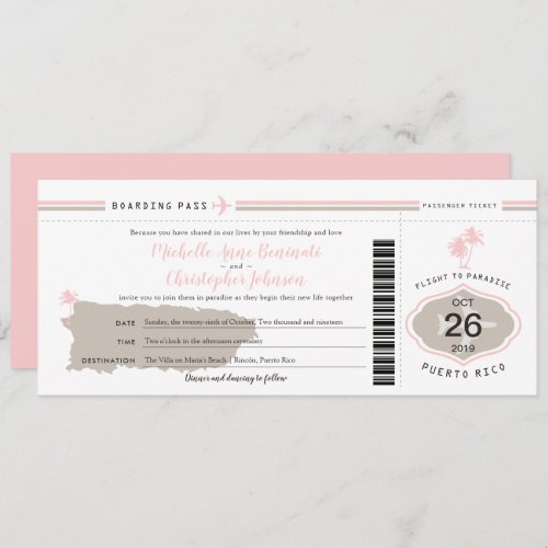 Pink Palm Tree Boarding Pass Puerto Rico Wedding Invitation