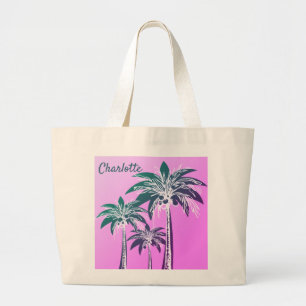 Pink Palm Tree Bold Preppy Beach Summer Name Large Tote Bag