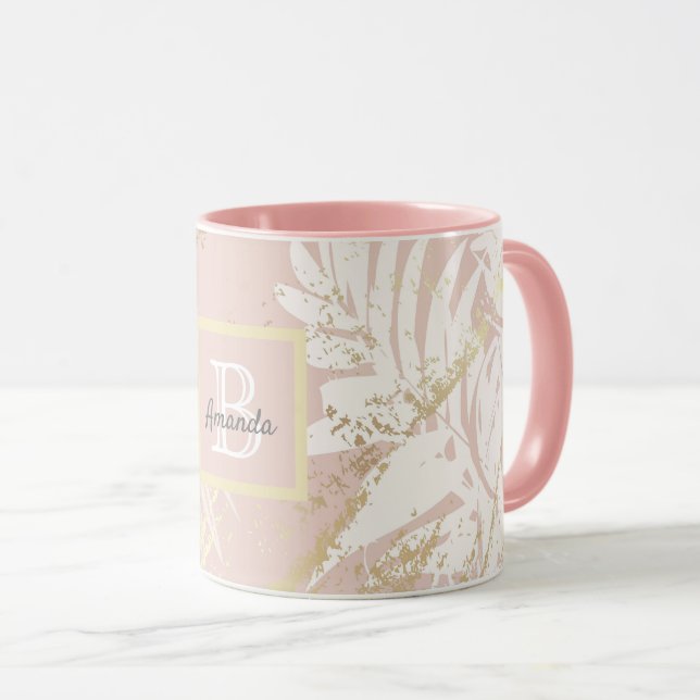 Pink palm tree leaves gold monogram mug (Front Right)