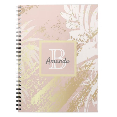 Pink palm tree leaves gold monogram notebook