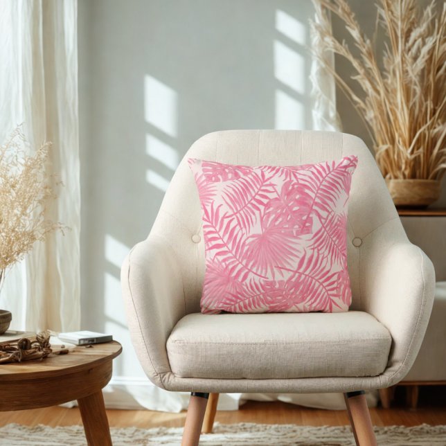Pink Palm Tree & Monstera Tropical Aesthetic Boho Throw Pillow (PInk aesthetic tropical leaves throw pillow)