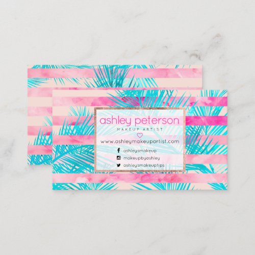 Pink palm tree watercolor stripes makeup artist business card