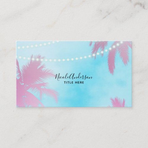 Pink Palm Trees  Blue Sky Lights Beachy Glam Business Card