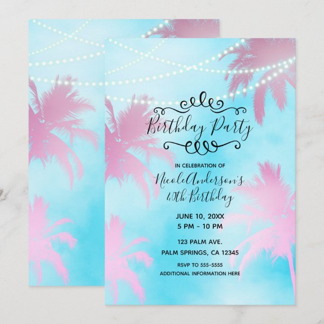 Pink Palm Trees Blue Sky & Lights Birthday Party Invitation (Front/Back)