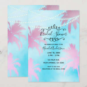 Pink Palm Trees Blue Sky & Lights Bridal Shower Invitation