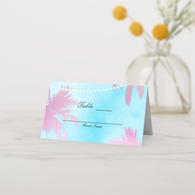 Pink Palm Trees Blue Sky & Lights Table Seat Place Card (Back)