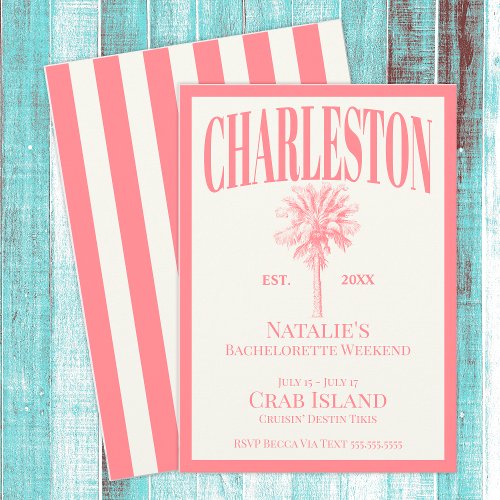 Pink Palm Trees Charleston Coastal Bachelorette Invitation