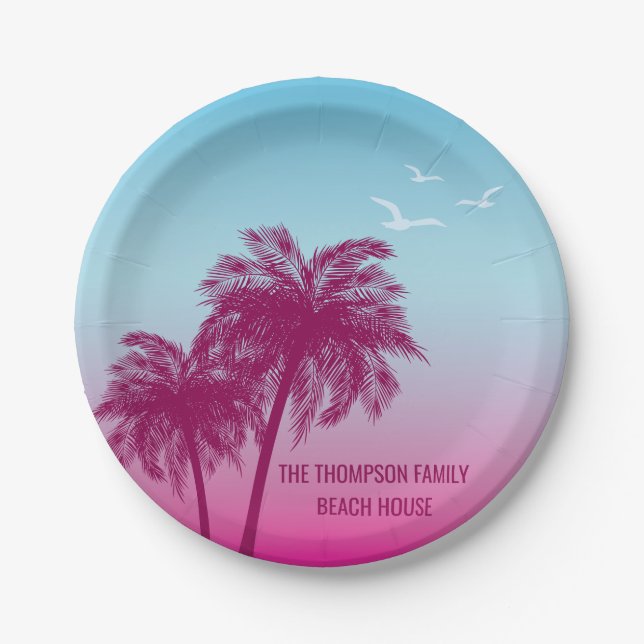 Pink Palm Trees On Blue Tropical Summer Paper Plates (Front)