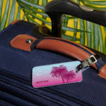 Pink Palm Trees Tropical Summer And Custom Name Luggage Tag<br><div class="desc">Destei's summer design of two pink palm tree silhouettes on a pink to blue gradient background color mimicking the look of a sunset like this. There are also three bird silhouettes and two clouds on the sky. There are personalizable text areas on the front and on the back.</div>