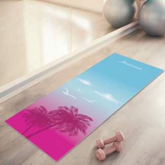 Pink Palm Trees Tropical Summer Scene And Name Yoga Mat