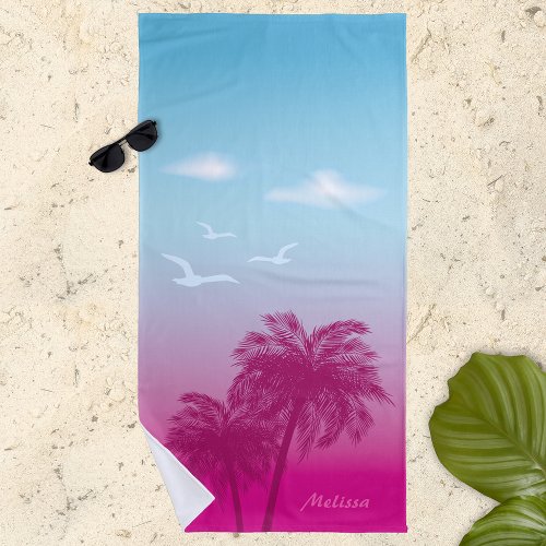 Pink Palm Trees Tropical Summer Sunset With Name Beach Towel