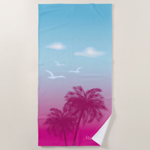 Pink Palm Trees Tropical Summer Sunset With Name Beach Towel