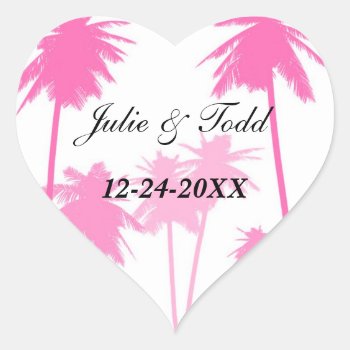 Pink Palm Trees Tropical Wedding Heart Sticker by Lasting__Impressions at Zazzle