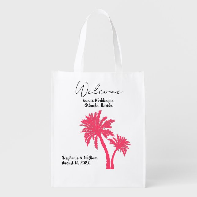 Pink Palm Trees Wedding Welcome Grocery Bag (Front)