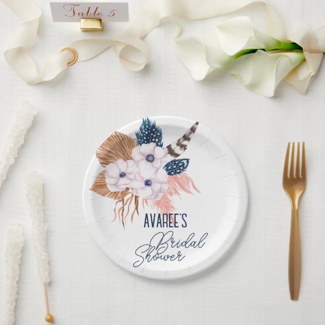 Pink Pampas Grass and Feather Bridal Shower Paper Plates (Wedding)