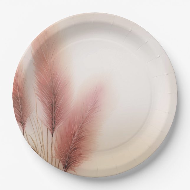 Pink Pampas Grass Bohemian Boho Wedding Paper Plates (Front)