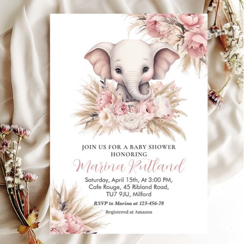 Pink Pampas Grass Boho Elephant Girl Baby Shower Invitation