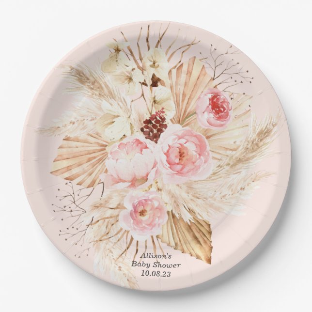 Pink Pampas Grass Boho Floral Baby Girl Shower Paper Plates (Front)