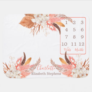 Pink Pampas Grass Boho Floral Wk Month Milestone Baby Blanket