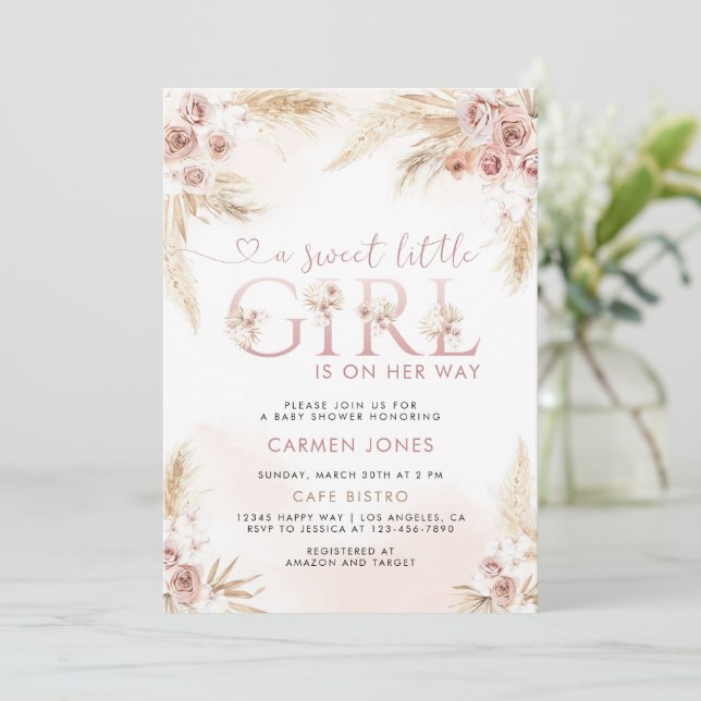 Pink Pampas Grass Boho Girl Baby Shower Invitation (Standing Front)